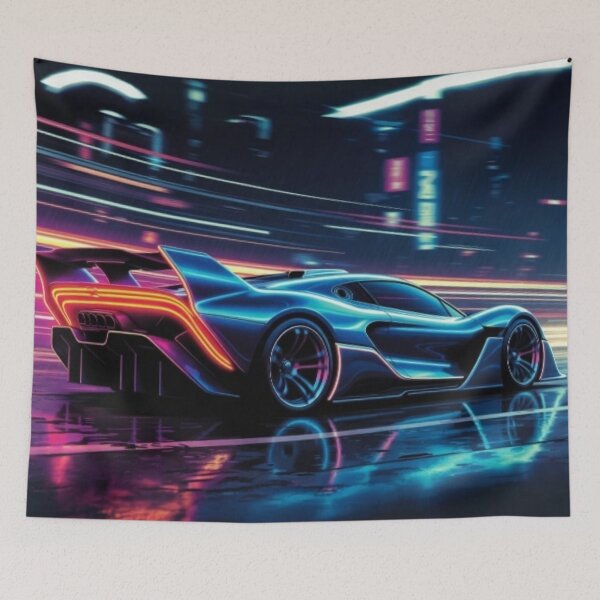 Item preview, Cyberpunk Hypercar Neon Light Trails Poster designed and sold by Nexus Space.