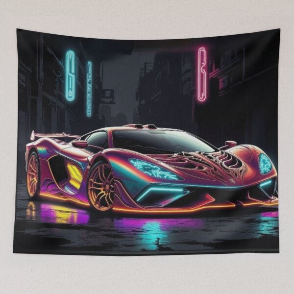 Item preview, Cyberpunk Iridescent Supercar Neon Alley Poster designed and sold by Nexus Space.