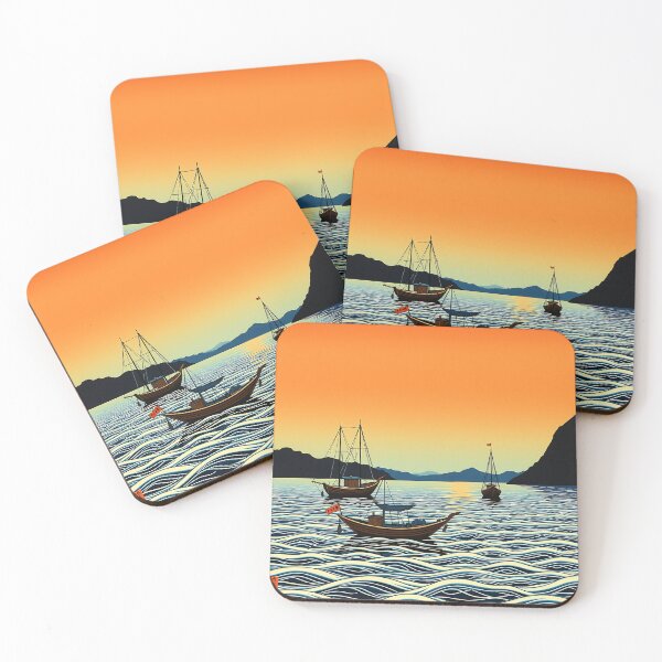 Item preview, Ukiyo-e Fishing Boats at Sunset | Japanese Wave Art designed and sold by T-domain.