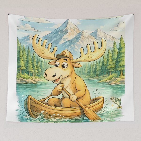 Item preview, Mountain Lake Moose Canoeing | Whimsical Outdoor Adventure Art designed and sold by Clothes With Smiling Animals Walt Gral.