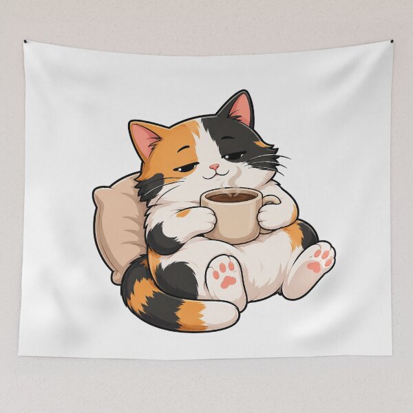 Item preview, Cute Lazy Calico Cat With Coffee designed and sold by Adjie Triawan.