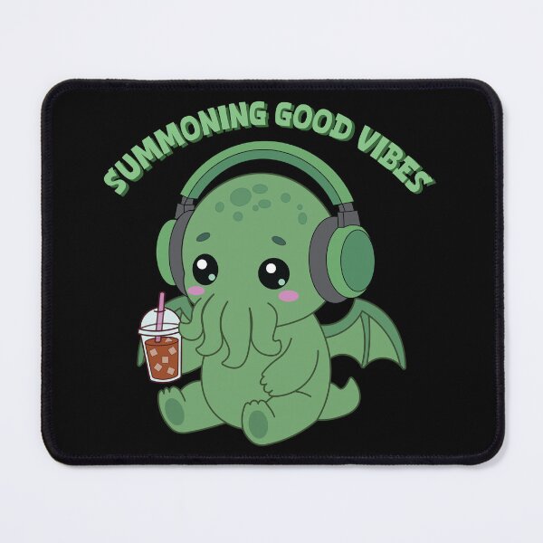Item preview, Summoning Good Vibes | Kawaii Cthulhu with Iced Coffee & Headphones designed and sold by Hallowed Artistry.