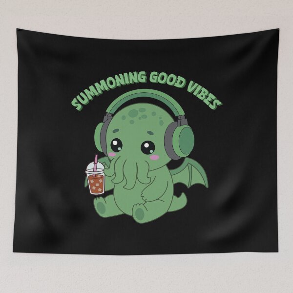 Item preview, Summoning Good Vibes | Kawaii Cthulhu with Iced Coffee & Headphones designed and sold by Hallowed Artistry.