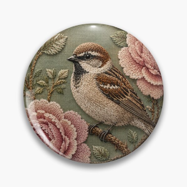Item preview, House Sparrow Botanical Art, Faux Embroidery designed and sold by HavuNordicShop.