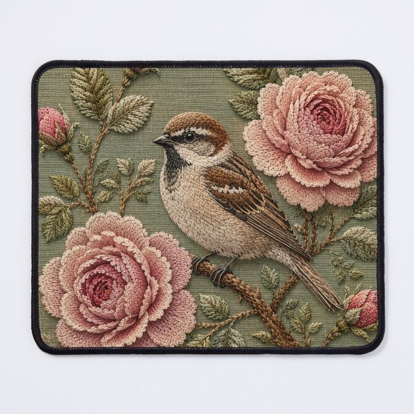 Item preview, House Sparrow Botanical Art, Faux Embroidery designed and sold by HavuNordicShop.
