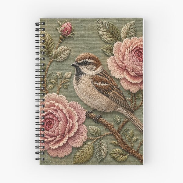 Item preview, House Sparrow Botanical Art, Faux Embroidery designed and sold by HavuNordicShop.