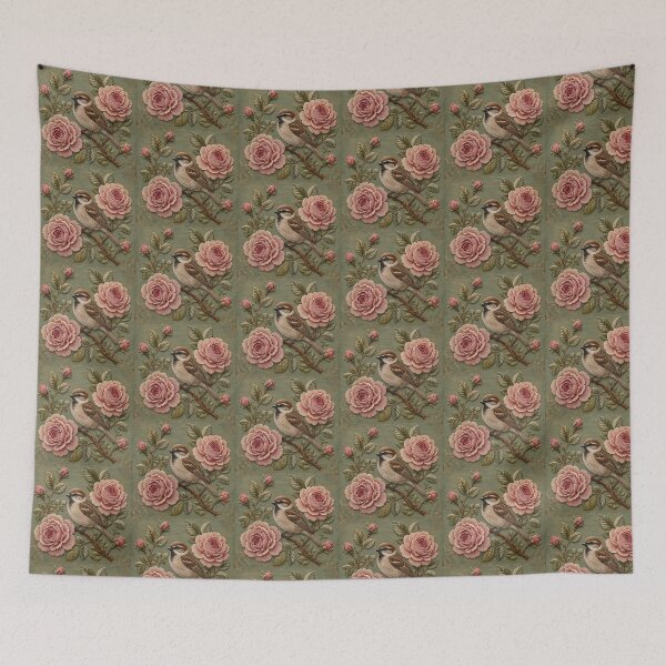 Item preview, House Sparrow Botanical Art, Faux Embroidery designed and sold by HavuNordicShop.