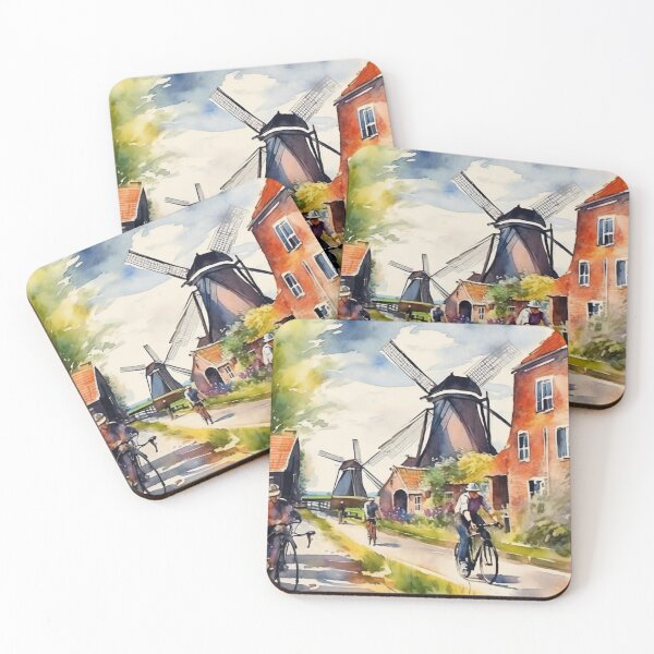 Item preview, Paisaje rural holandés soleado, ciclismo, molinos de viento, acuarela designed and sold by UmSkelig834.