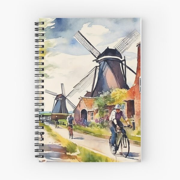 Item preview, Sunlit Dutch Countryside Cycling Windmills Watercolor designed and sold by UmSkelig834.