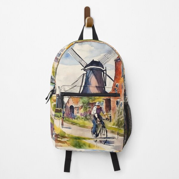 Item preview, Sunlit Dutch Countryside Cycling Windmills Watercolor designed and sold by UmSkelig834.