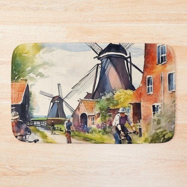 Item preview, Sunlit Dutch Countryside Cycling Windmills Watercolor designed and sold by UmSkelig834.