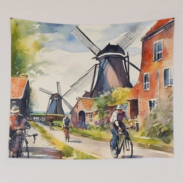 Item preview, Sunlit Dutch Countryside Cycling Windmills Watercolor designed and sold by UmSkelig834.