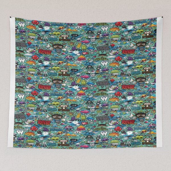 Item preview, Explosion of Urban Doodles - Dark and Kawaii Pop Pattern on a Turquoise Background designed and sold by RAYBIL.