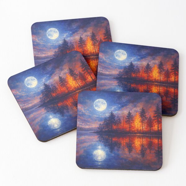 Item preview, Full Moon Forest Fire Painting Blue Orange Reflecting Lake designed and sold by Joey Santiago.