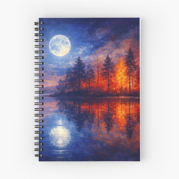 Item preview, Full Moon Forest Fire Painting Blue Orange Reflecting Lake designed and sold by Joey Santiago.