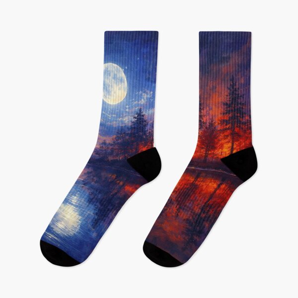 Item preview, Full Moon Forest Fire Painting Blue Orange Reflecting Lake designed and sold by Joey Santiago.