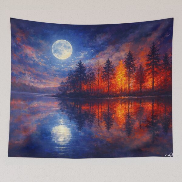 Item preview, Full Moon Forest Fire Painting Blue Orange Reflecting Lake designed and sold by Joey Santiago.