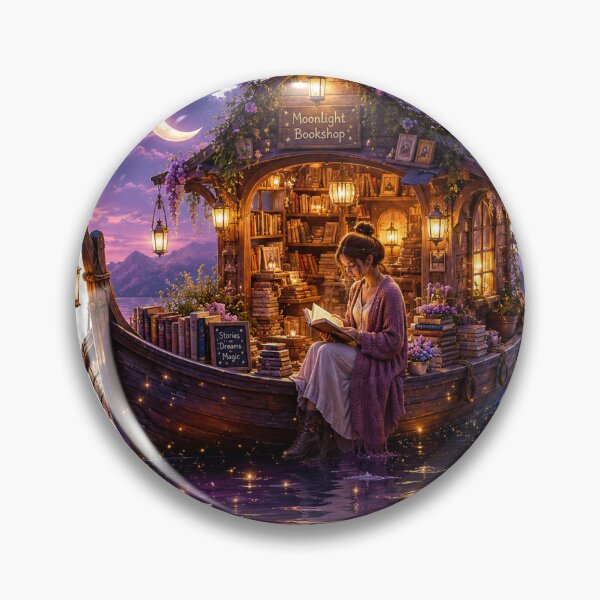 Item preview, Moonlight Bookshop Boat Magical Twilight Illustration designed and sold by TaiwoDesigns.