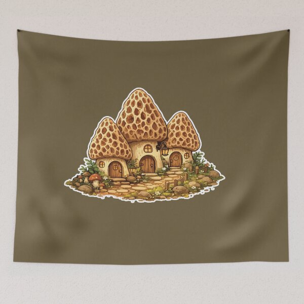 Item preview, Morel Mushroom Village Cozy Cottagecore Forest Homes designed and sold by SimplePoDesign.