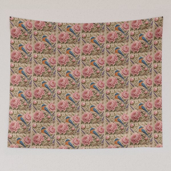 Item preview, Bluebird and Roses Botanical Art, Faux Embroidery designed and sold by HavuNordicShop.