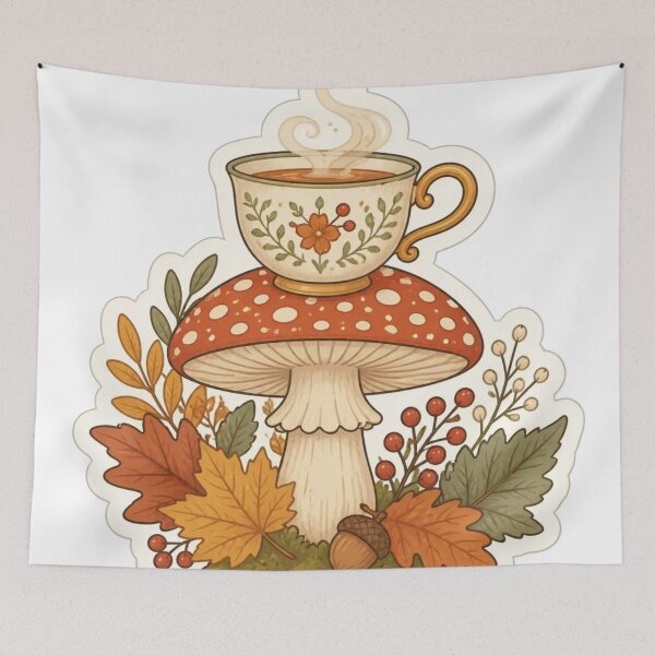 Item preview, Cozy Autumn Tea Toadstool Cottagecore Autumn Art designed and sold by StickyGuys.