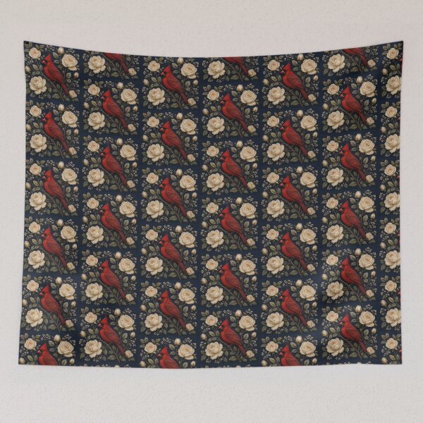 Item preview, Cardinal and Roses Botanical Art, Faux Embroidery designed and sold by HavuNordicShop.