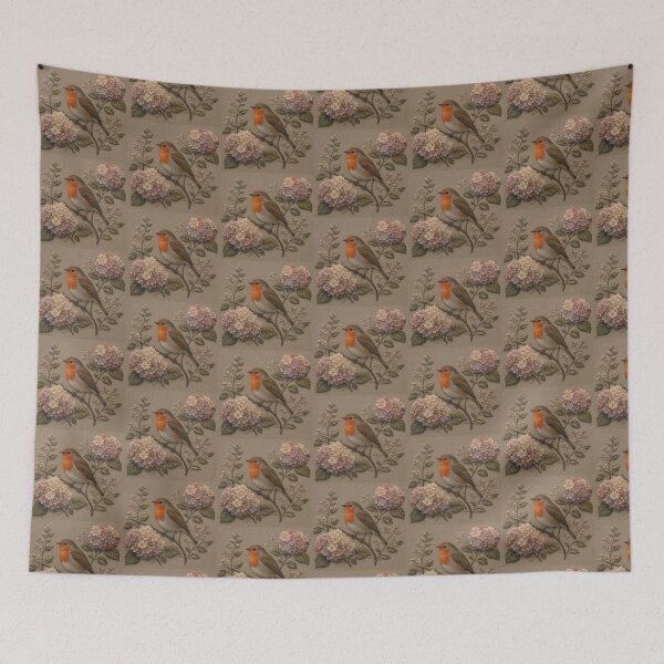 Item preview, Sparrow and Hydrangeas Botanical Art, Faux Embroidery designed and sold by HavuNordicShop.
