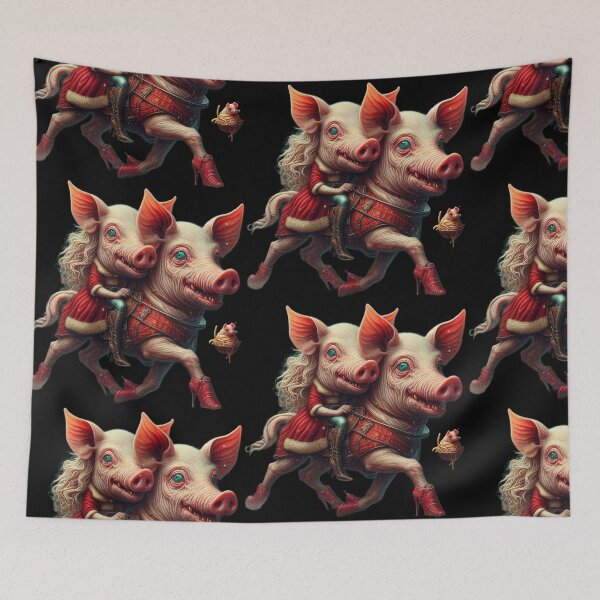 Item preview, Surreal Gothic Christmas Pig Riding Creature in Red Boots designed and sold by LujziWorld.