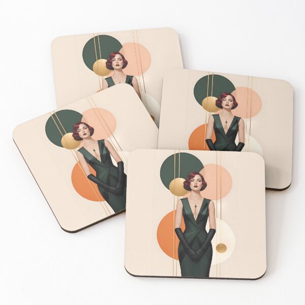Item preview, 1920s Flapper Woman with burgundy red hair in Modern Graphic Style with orange designed and sold by Lucia Amaris Art.