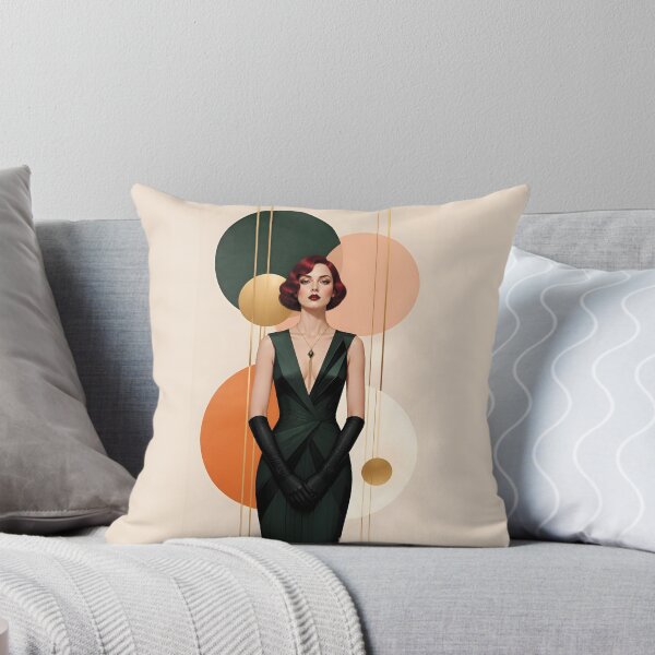 Item preview, 1920s Flapper Woman with burgundy red hair in Modern Graphic Style with orange designed and sold by Lucia Amaris Art.