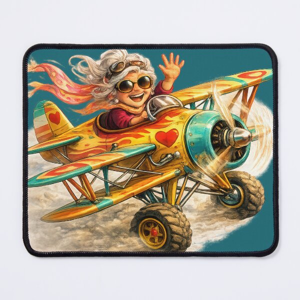 Item preview, Cool Granny Flying Her Vintage Biplane — Fun Little Old Lady Cartoon designed and sold by kornkobart.