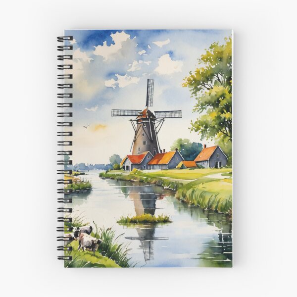 Item preview, Sunlit Dutch Polder Canal with Windmill and Ducks Watercolor designed and sold by UmSkelig834.