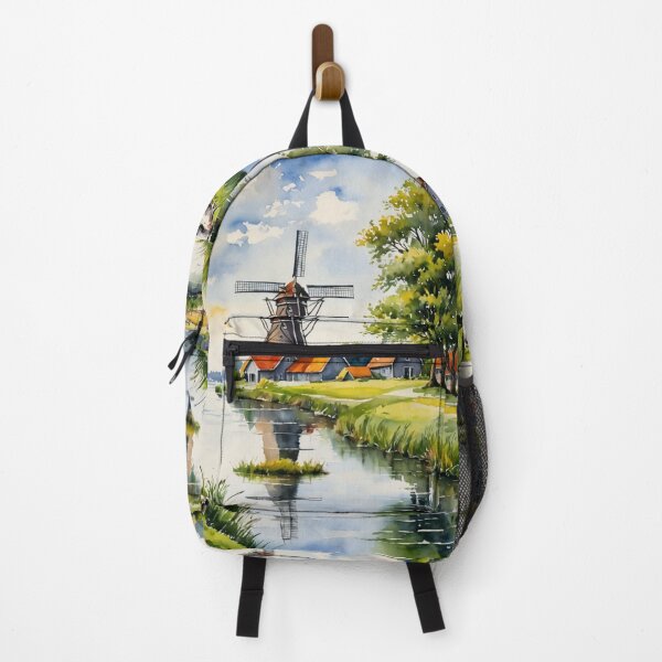 Item preview, Sunlit Dutch Polder Canal with Windmill and Ducks Watercolor designed and sold by UmSkelig834.
