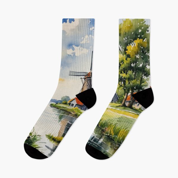 Item preview, Sunlit Dutch Polder Canal with Windmill and Ducks Watercolor designed and sold by UmSkelig834.