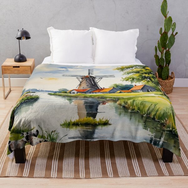 Item preview, Sunlit Dutch Polder Canal with Windmill and Ducks Watercolor designed and sold by UmSkelig834.
