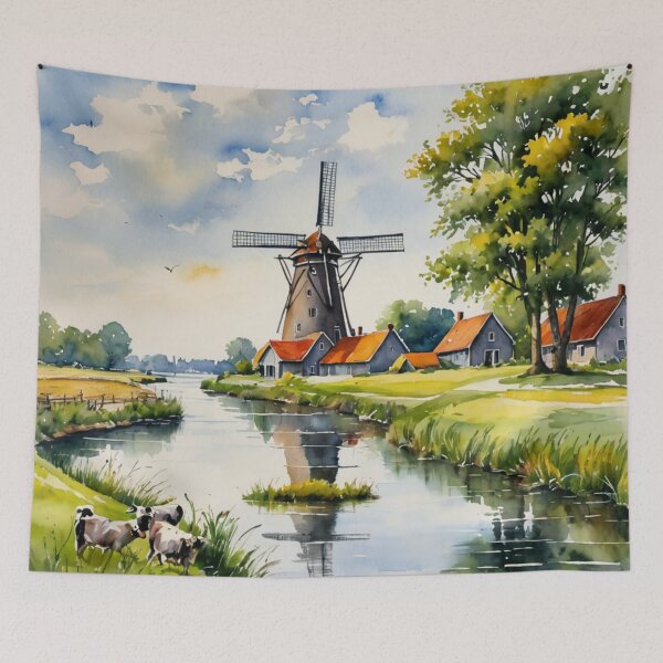 Item preview, Sunlit Dutch Polder Canal with Windmill and Ducks Watercolor designed and sold by UmSkelig834.