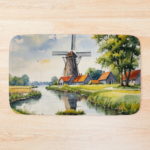 Item preview, Sunlit Dutch Polder Canal with Windmill and Ducks Watercolor designed and sold by UmSkelig834.