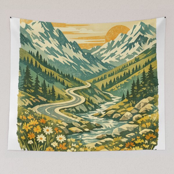 Item preview, Alpine Meadow Wildflowers: Mountain Valley Stream Sunrise Landscape Art designed and sold by irfanshikh.