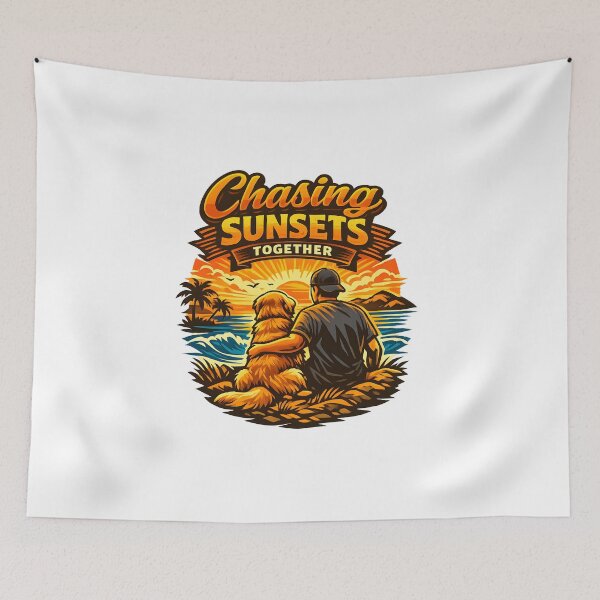 Item preview, Chasing Sunsets Together Man and Golden Retriever Sticker designed and sold by Sahil Randhawa.