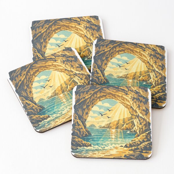 Item preview, Sea Cave Sunrise: Golden Cave Entrance Beach Seascape Ocean Vista Art designed and sold by irfanshikh.