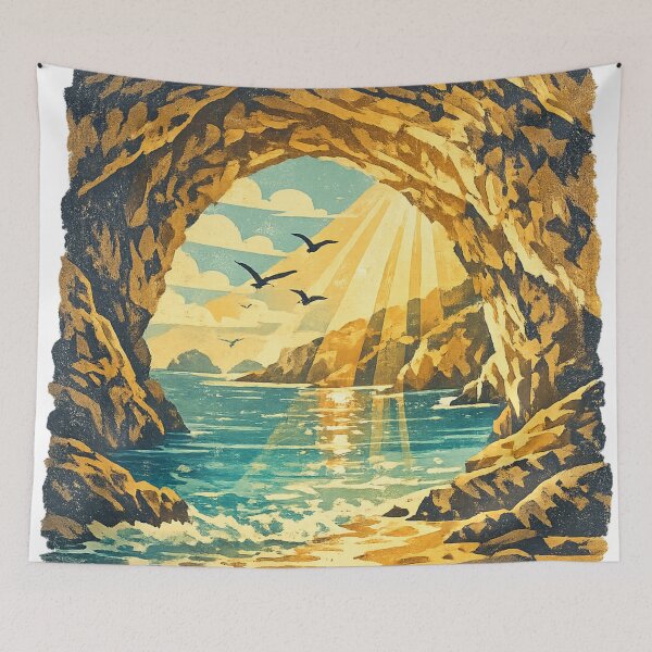 Item preview, Sea Cave Sunrise: Golden Cave Entrance Beach Seascape Ocean Vista Art designed and sold by irfanshikh.