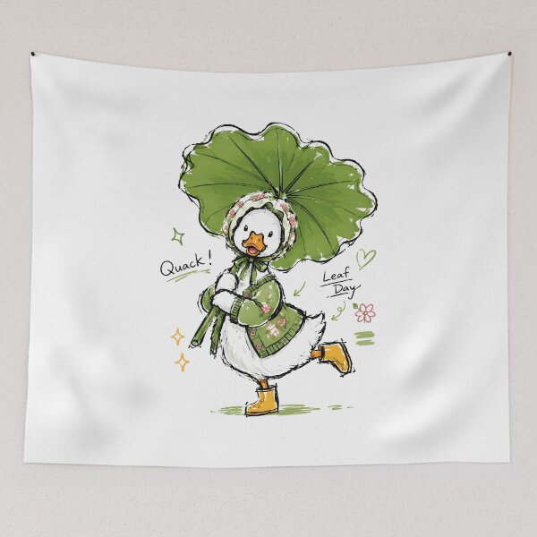 Item preview, Cute Duck with Leaf Umbrella & Floral Bonnet – Whimsical Hand-Drawn Art designed and sold by RamyGallery.