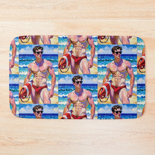 Item preview, Vibrant Oil Painting Muscular Lifeguard Beach Art designed and sold by ZhivanCrimson.