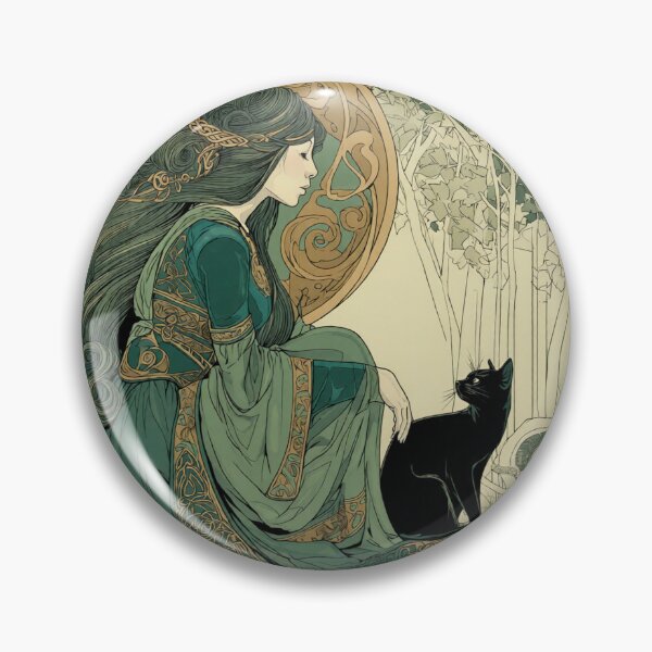 Item preview, Art Nouveau Celtic Goddess Print - Green Witch and Black Cat in Enchanted Forest designed and sold by ExpressoJungle.
