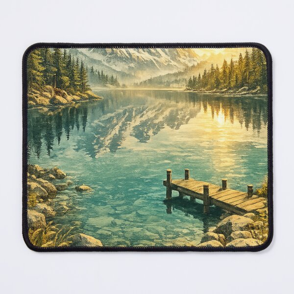 Item preview, Alpine Serenity: Snow Peak Lake Retreat With Wooden Dock Landscape designed and sold by irfanshikh.