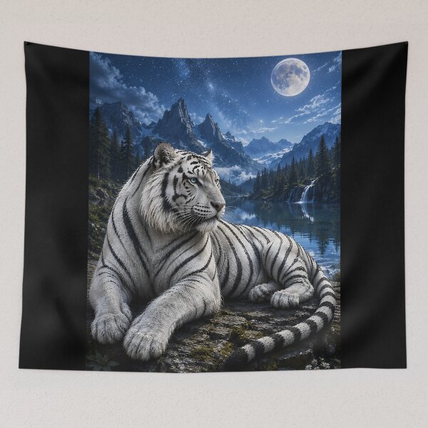 Item preview, White Tiger Under Full Moon | Mountain Lake Wildlife Art designed and sold by ManJiangHong.