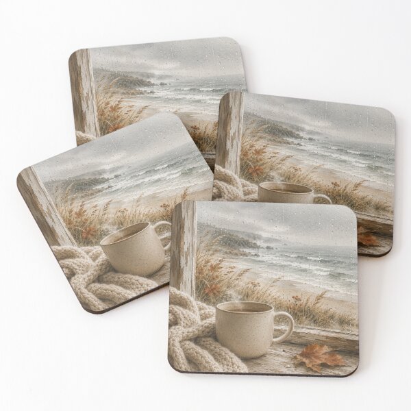 Item preview, Cozy Rainy Autumn Beach Coffee Scene designed and sold by TheSlowShore.