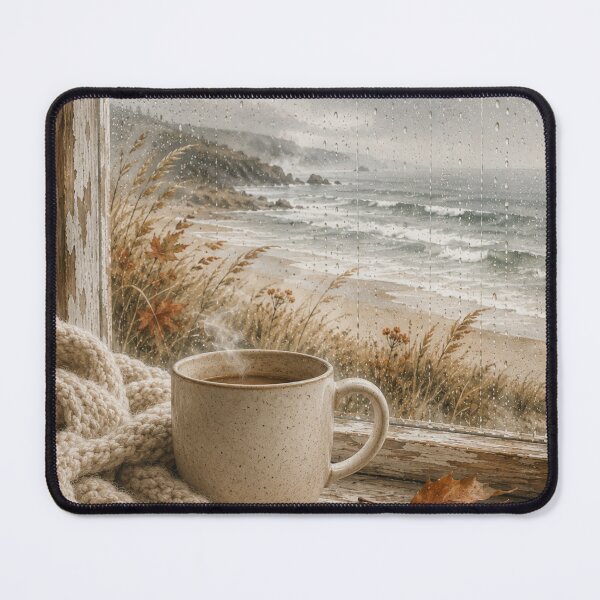 Item preview, Cozy Rainy Autumn Beach Coffee Scene designed and sold by TheSlowShore.