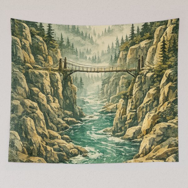 Item preview, Mountain Gorge Bridge: Dramatic Canyon Landscape With Rushing River Art designed and sold by irfanshikh.