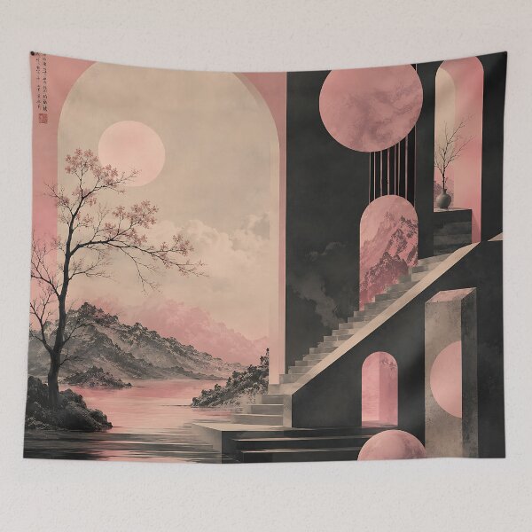 Item preview, Japanese Ink Art Meets Bauhaus — Pink Moon Cherry Blossom Geometric Print designed and sold by Aureva Arts Shop.